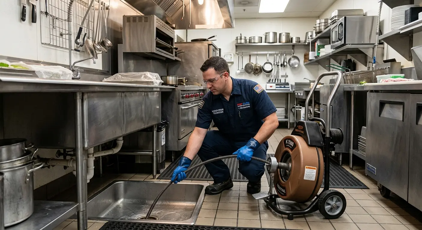 Commercial drain cleaning service in a restaurant kitchen in Uhrichsville