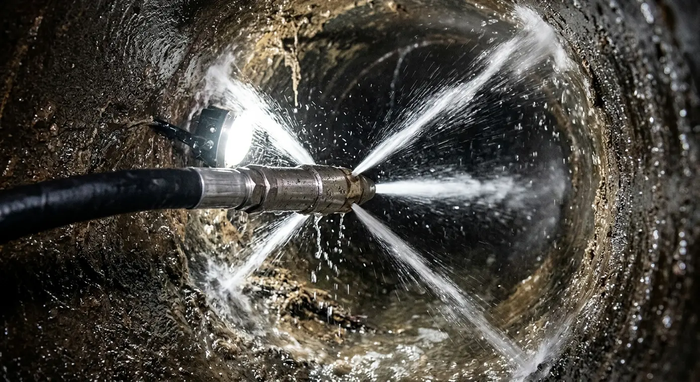 High-pressure hydro jetting nozzle cleaning sewer pipe for Trenchless Sewer Repair in Uhrichsville