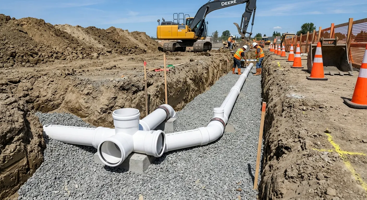New PVC sewer pipe installation in open trench for Commercial Drain Cleaning in Uhrichsville