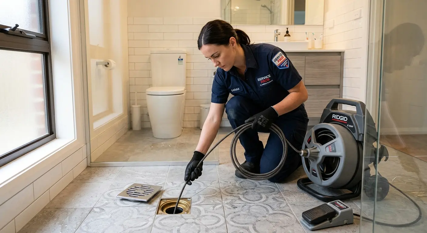 Technician clearing a bathroom floor drain for Clogged Drain Repair in Uhrichsville